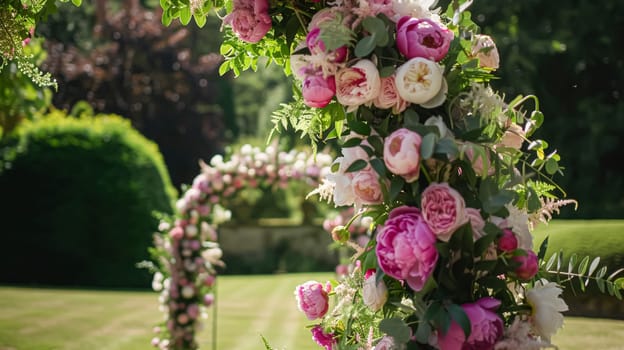 Wedding decoration with peonies, floral decor and event celebration, peony flowers and wedding ceremony in the garden, English country style