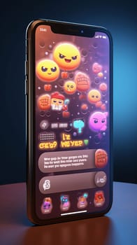 Smartphone screen: Smartphone with social media icons on the screen. 3D rendering