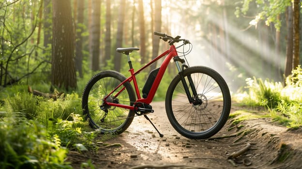 A red mountain bike is parked among trees in a wooded area, surrounded by green foliage and dappled sunlight.