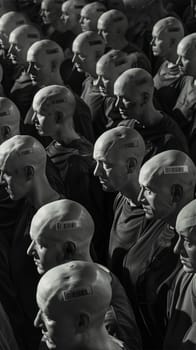 A multitude of identical, bald human-like figures dressed in black gather closely together in a dimly lit space, creating an atmosphere of uniformity and mystery.