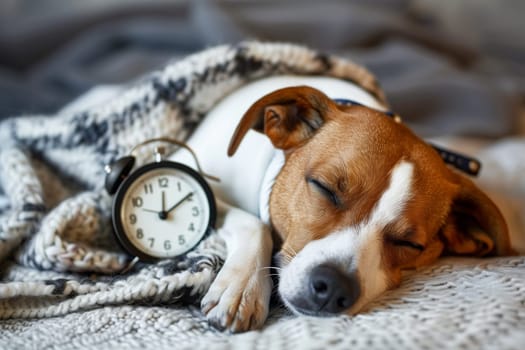 A dog peacefully sleeps next to a clock on a bed.