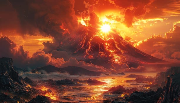 A fiery volcano is spewing lava into the sky, surrounded by a desolate landscape by AI generated image.