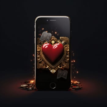 Smartphone screen: Smartphone with golden heart and keys on black background. 3d illustration