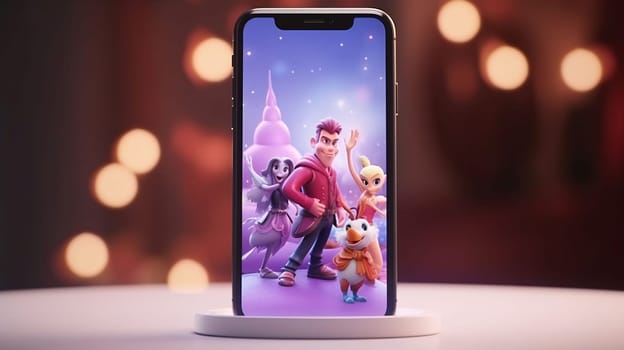 Smartphone screen: Mobile phone with cartoon characters on display.