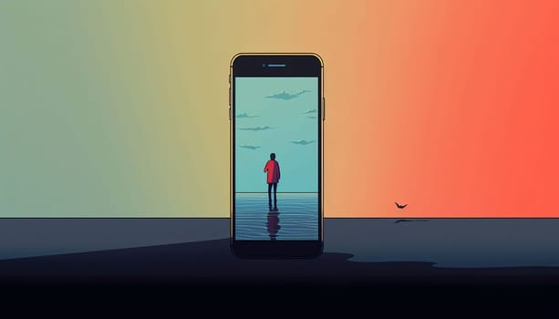 Smartphone screen: Illustration of a woman standing in front of a smartphone and looking at the sea