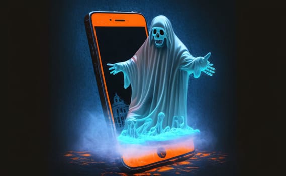 Smartphone screen: Ghost coming out of the smartphone screen. Halloween concept. 3D Rendering