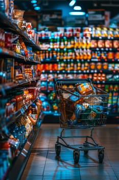 A shopping cart is full of food items in a grocery store.