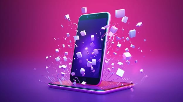 Smartphone screen: 3d rendering of a smartphone with flying cubes on a purple background