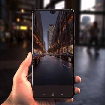 Smartphone screen: Smartphone in hand on a background of the night city. 3d rendering