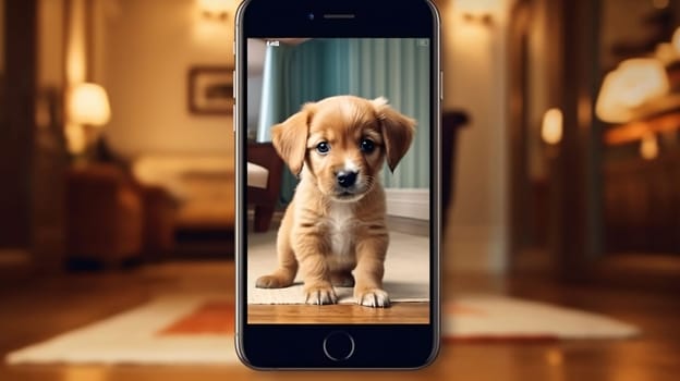 Smartphone screen: Cute Golden Retriever puppy sitting on a smartphone screen.