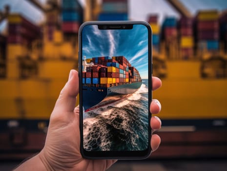 Smartphone screen: Smartphone in hand with container cargo ship background. Logistics and transportation concept.