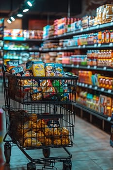 A shopping cart full of snacks and drinks in a store.