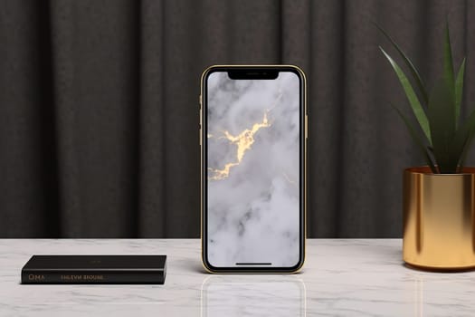 Smartphone screen: Smartphone with cracked screen on white marble table. 3d render