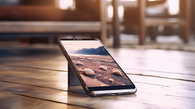 Smartphone screen: Tablet on wooden table in coffee shop. Focus on screen.