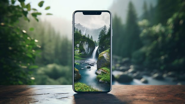 Smartphone screen: Mountain landscape with waterfall on smartphone screen. 3D Rendering