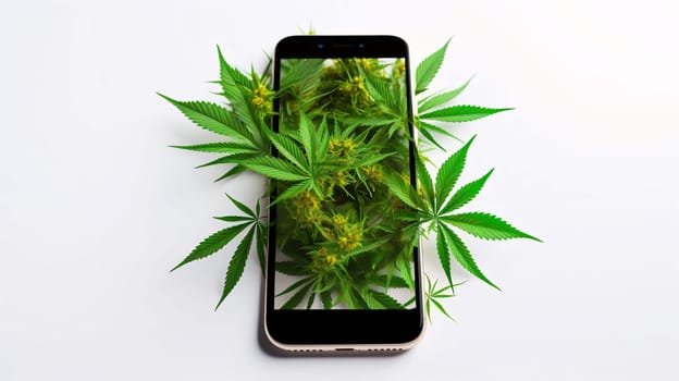 Smartphone screen: Smartphone with cannabis leaf on a white background. The concept of legalization of the cannabis.