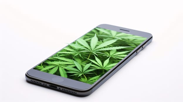 Smartphone screen: Smartphone with cannabis leaf on white background. The concept of legalization of the cannabis.