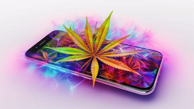 Smartphone screen: Smartphone with cannabis leaf on the screen. The concept of legalization of marijuana.