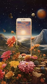 Smartphone screen: Mobile phone on the background of the landscape with flowers and planets.