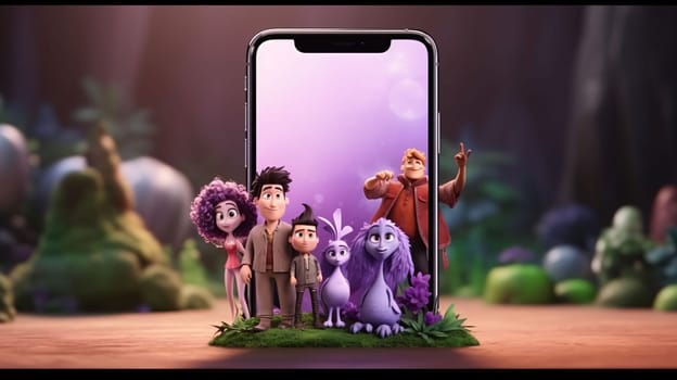 Smartphone screen: Smartphone with a group of people and monsters on the screen.