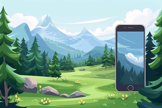 Smartphone screen: Mobile phone with blank screen in the mountain landscape. Vector illustration.