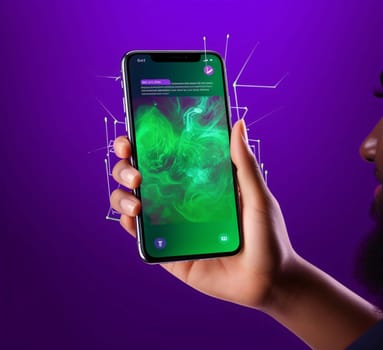 Smartphone screen: Smartphone with green screen in hand of young man on purple background