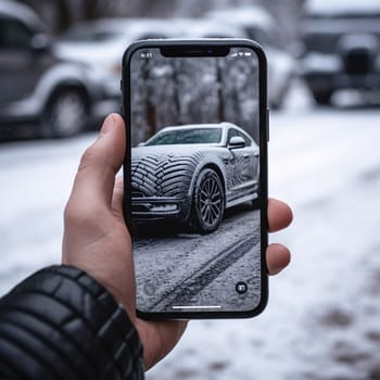 Smartphone screen: A man holds a smartphone with a photo of a car in the snow.