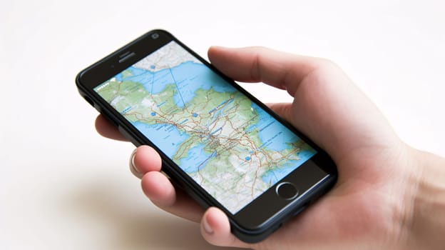 Smartphone screen: Close up of a man's hand holding a smart phone with a map