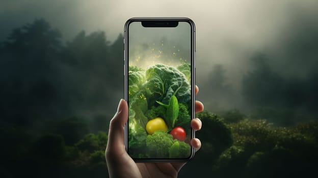 Smartphone screen: Vegetarian diet and healthy eating concept. Hand holding smartphone with fresh vegetables.