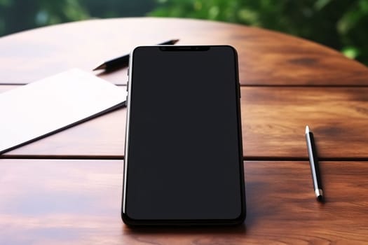 Smartphone screen: Smartphone with blank screen on wooden table. Mockup for design