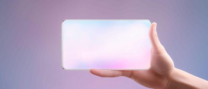 Smartphone screen: Female hand holding smartphone with blank screen on gradient background, closeup