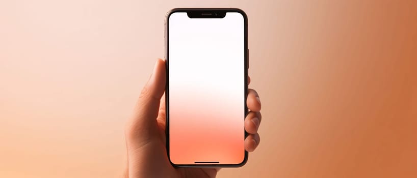 Smartphone screen: male hand holding a phone with a white screen on an orange background