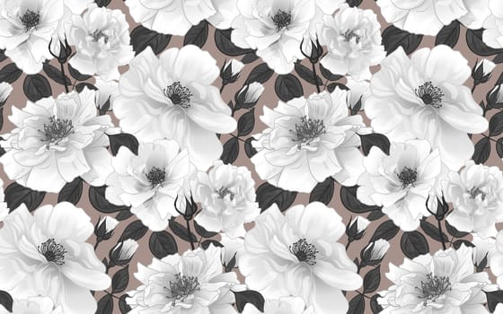 Seamless floral black and white pattern for women with roses for surface design beautiful fabric and textile manufacturing stationery and packaging