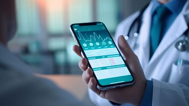 Smartphone screen: Close-up of doctor holding smartphone with medical application on the screen