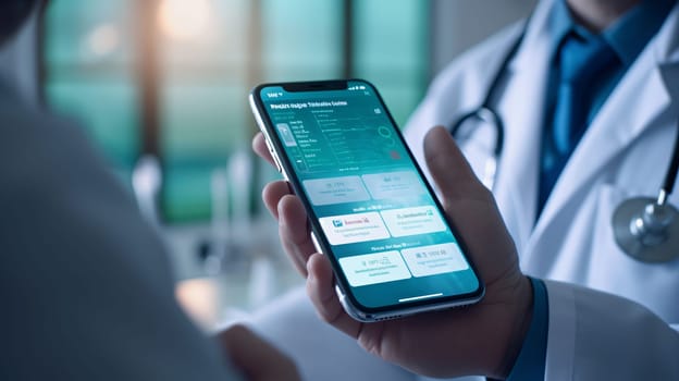 Smartphone screen: close up of smart phone with medical app on screen in hands of doctor