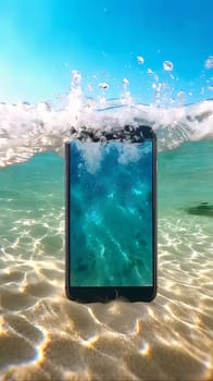 Smartphone screen: Smartphone in the water on a sandy beach. 3d rendering