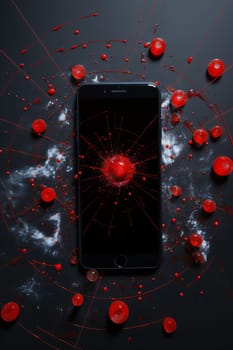 Smartphone screen: Smartphone with red virus on a dark background. The concept of the spread of the coronavirus.