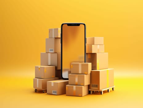 Smartphone screen: Smartphone with stack of cardboard boxes on yellow background. 3d rendering