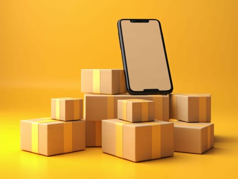 Smartphone screen: Smartphone with cardboard boxes on a yellow background. 3d rendering