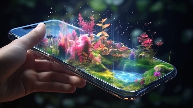 Smartphone screen: Modern mobile phone in hand with green grass and aquarium concept 3D rendering