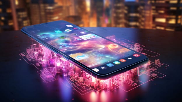 Smartphone screen: Smartphone with high tech circuit and city at night 3D rendering