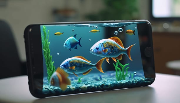 Smartphone screen: Close-up view of a colorful aquarium with fish on a tablet