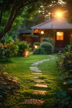 A house with a path leading to it. The path is lined with grass and has a stone walkway. The house is surrounded by a lush green garden