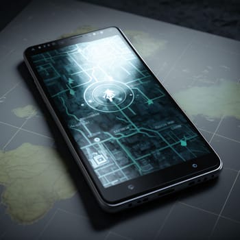 Smartphone screen: Smartphone with map on the screen. 3d render image.