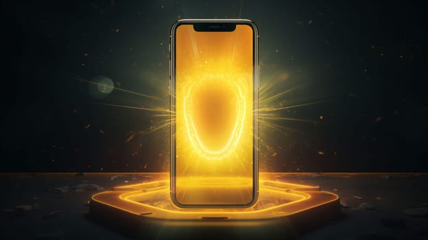 Smartphone screen: Smartphone with glowing circle on dark background. 3D Rendering