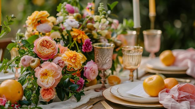 Table decor with fruits in citrus garden, holiday tablescape and dinner table setting, formal event decoration for wedding, family celebration, English country and home styling