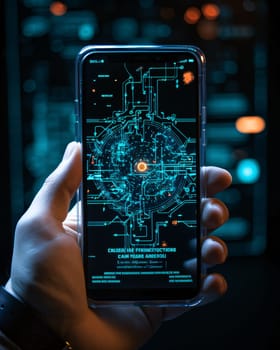 Smartphone screen: Close up of man hand holding smartphone with glowing circuit interface on screen