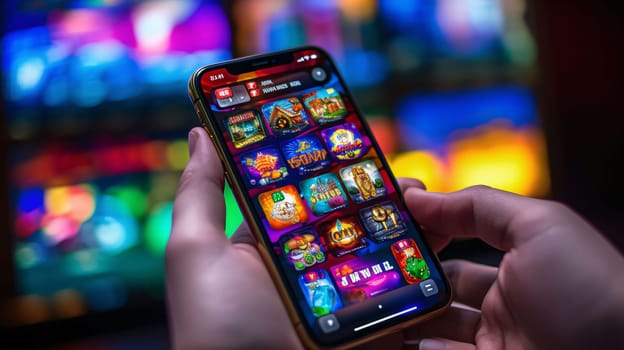 Smartphone screen: Hand holding Phone X with slot machines in background.