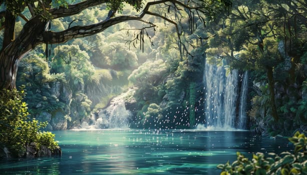 A beautiful waterfall is surrounded by lush green trees and a calm lake by AI generated image.