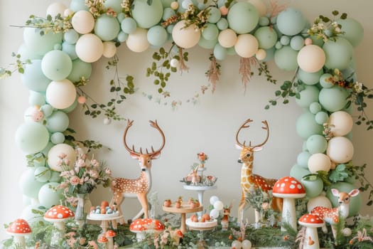 A green and white party with a deer and a giraffe on it.